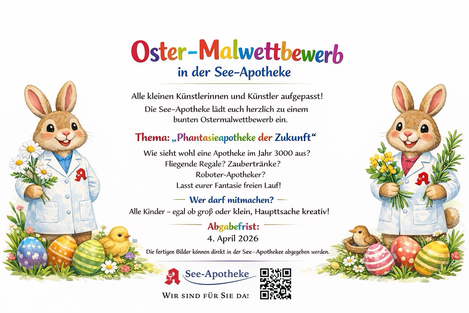 Oster-Malwettbewerb in der See-Apotheke: Alle kleinen Künstlerinnen und Künstler aufgepasst! Die See-Apotheke lädt euch herzlich zu einem bunten Ostermalwettbewerb ein. Thema: „Phantasieapotheke der Zukunft